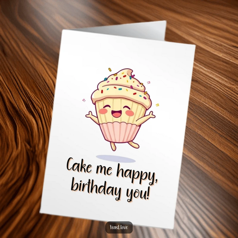 Funny Free Printable Cupcake Birthday Card: A laughing cupcake with sprinkles performs a joyful somersault, ready to bring birthday cheer.