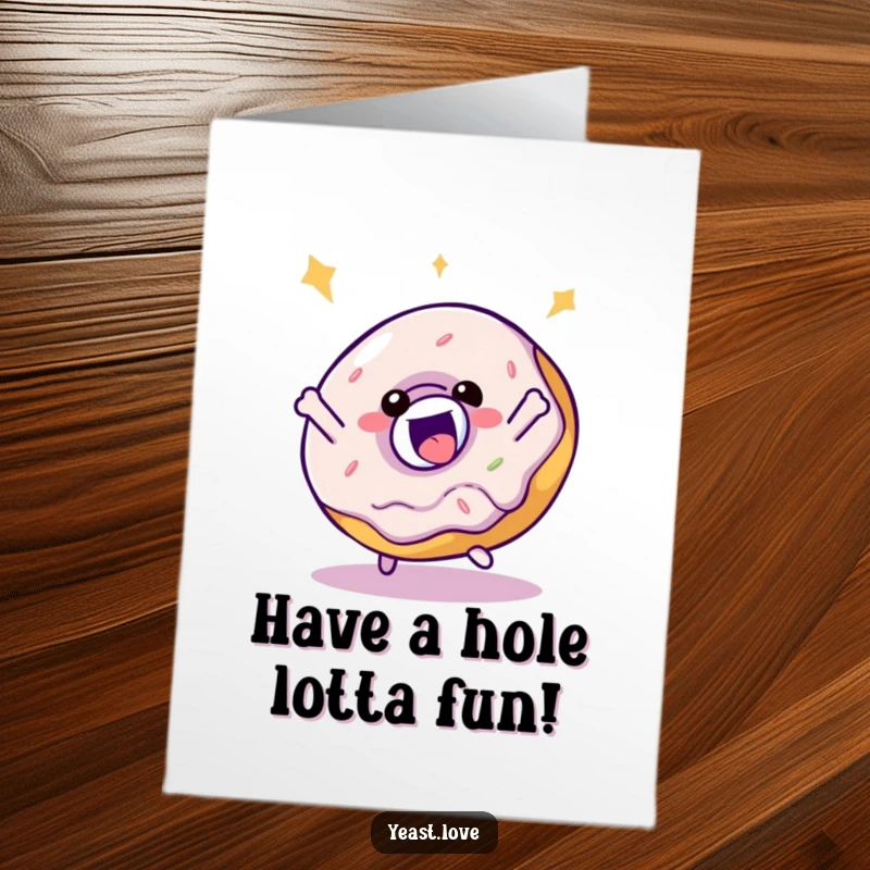 Funny Free Printable Birthday Card: A delighted donut character in a playful, bouncy spin, perfect for birthdays.