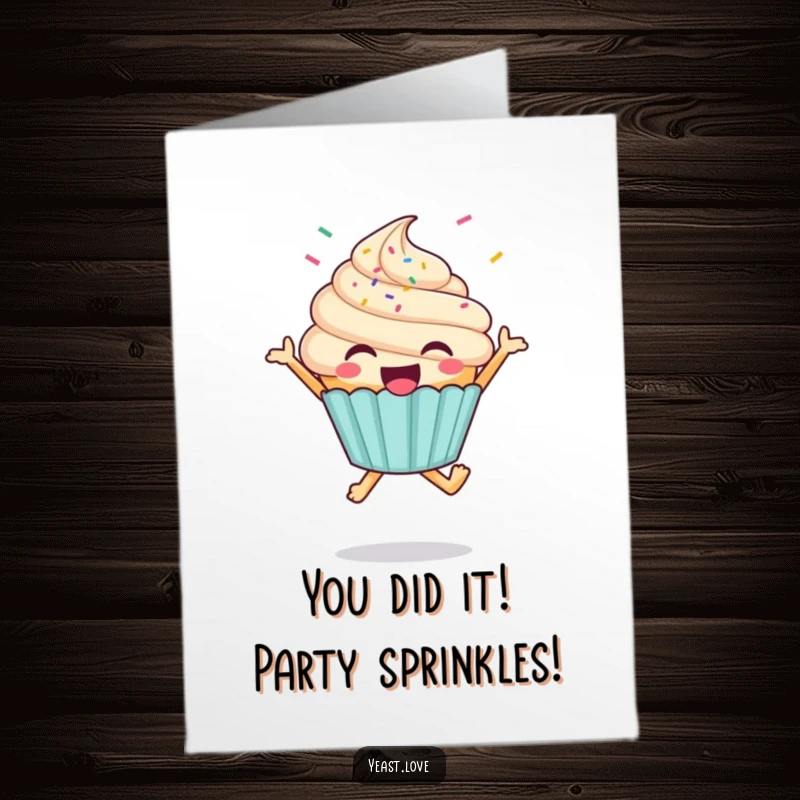 Funny Free Printable Congratulations Card: A joyful cupcake character mid-air with sprinkles, celebrating good news.