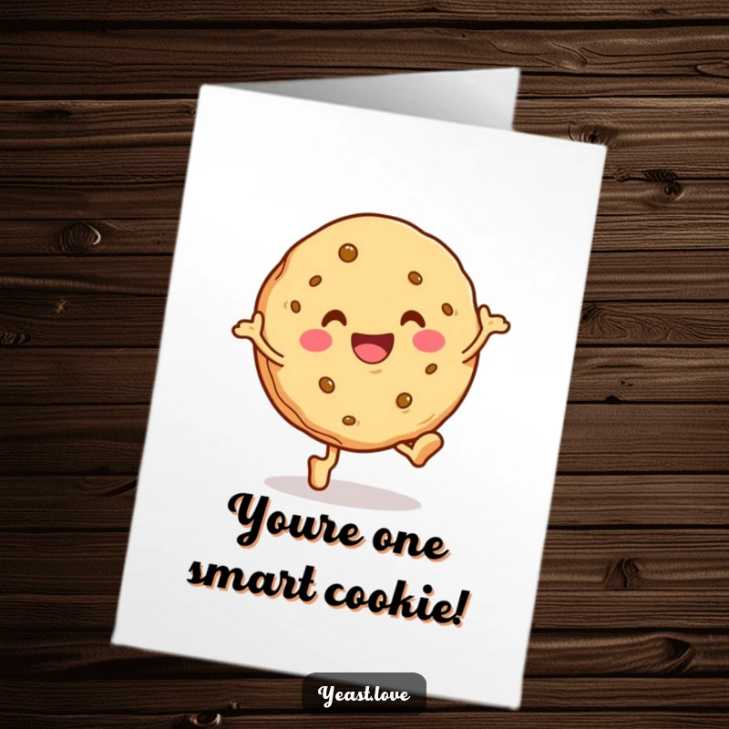 Funny Free Printable Cookie Congratulations Card: A smiling cookie character performs a happy little hop to celebrate your wonderful achievements.