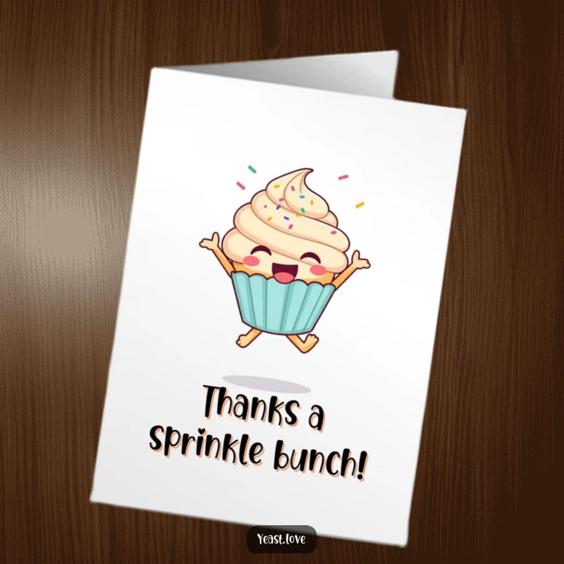 Funny Free Printable Thank You Card: A happy cupcake character doing a joyful jump, perfect for expressing thanks.