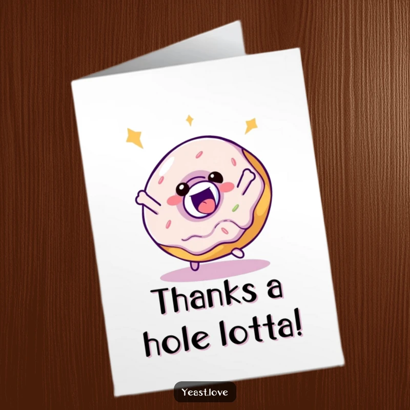 Funny Free Printable Thank You Card: A delighted donut character performing a bouncy spin, perfect for saying thanks.