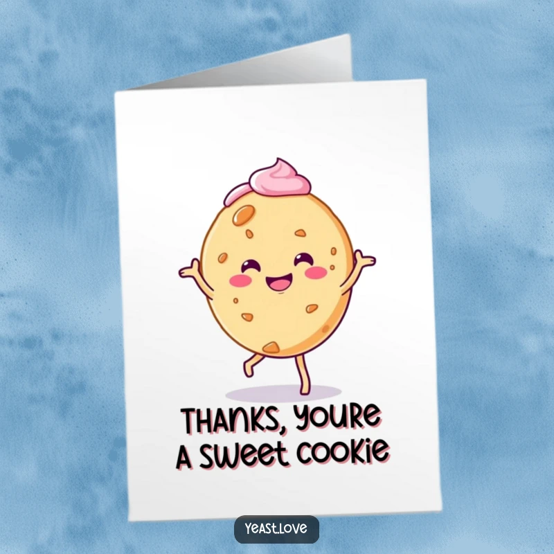 Funny Free Printable Thank You Card: A smiling cookie character doing a jig with frosting, conveying thanks.