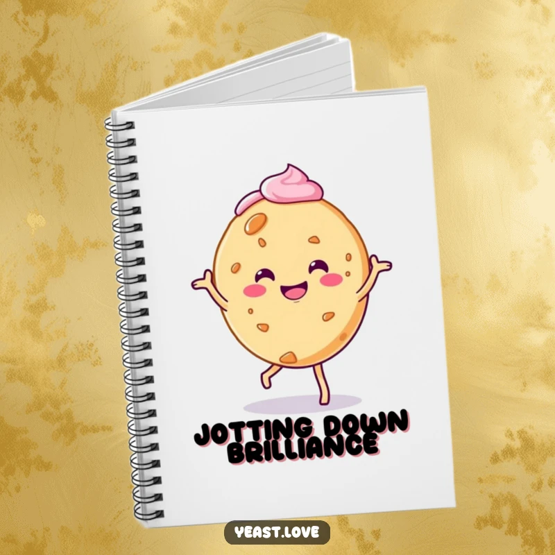 Funny cookie notebook with a smiling character doing a charming jig, complete with frosting details, for creative notes.