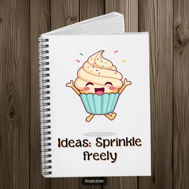 Funny cupcake notebook with a happy character jumping joyfully amidst a flurry of flying sprinkles, for creative notes.