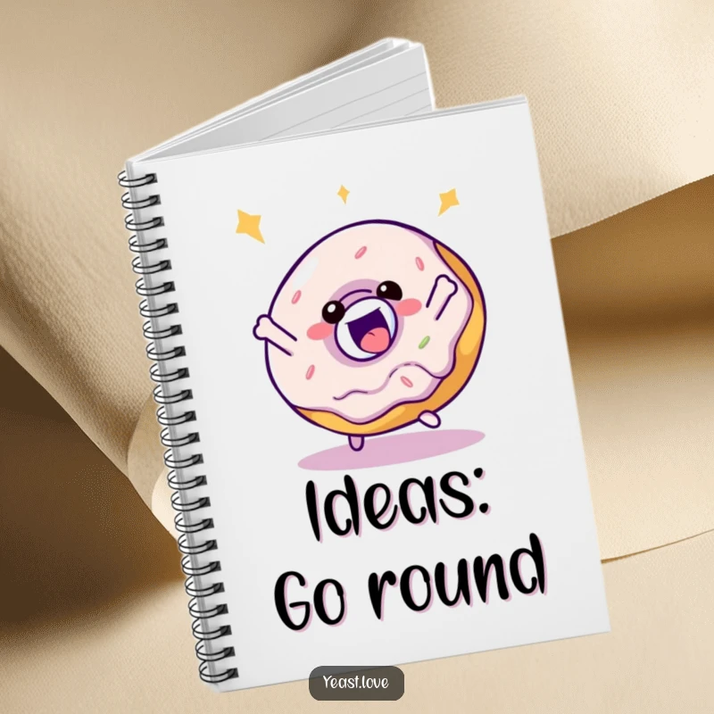 Funny donut notebook with a delighted character captured in a playful, bouncy spin, for creative notes.