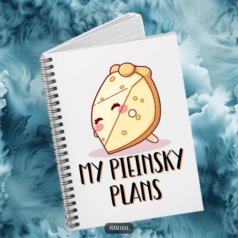 Funny pie notebook with a giggling slice of pie character captured in a delightful tumble, for creative notes.