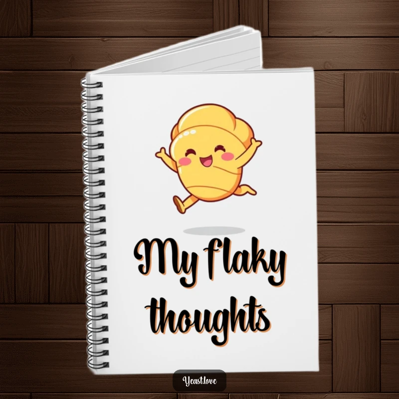 Funny croissant notebook with a cheerful character captured in a graceful, buttery leap, for creative notes.