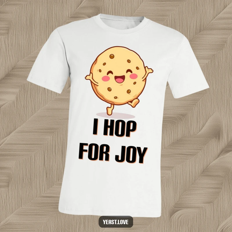 Funny cookie t-shirt showing a happy character in mid-hop, radiating cheerfulness. A delightful and humorous baked goods apparel.