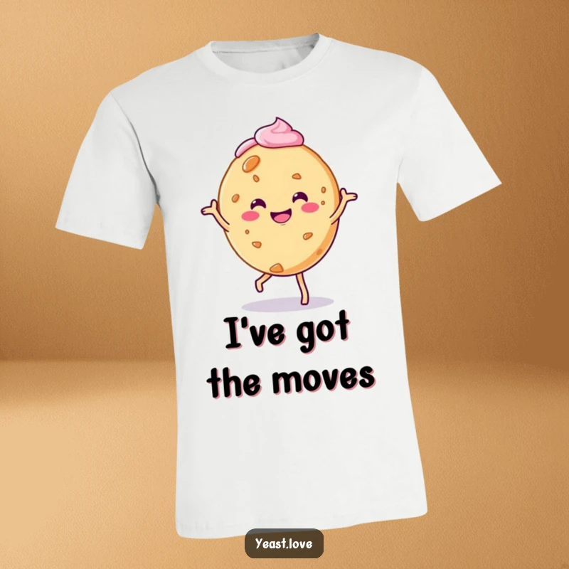 Funny cookie character t-shirt, depicted mid-jig with a delightful frosting swirl, showcasing playful energy.