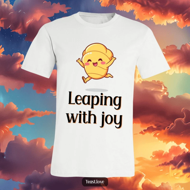 Funny croissant character t-shirt, depicted mid-leap with a buttery sheen, embodying graceful, cheerful movement.