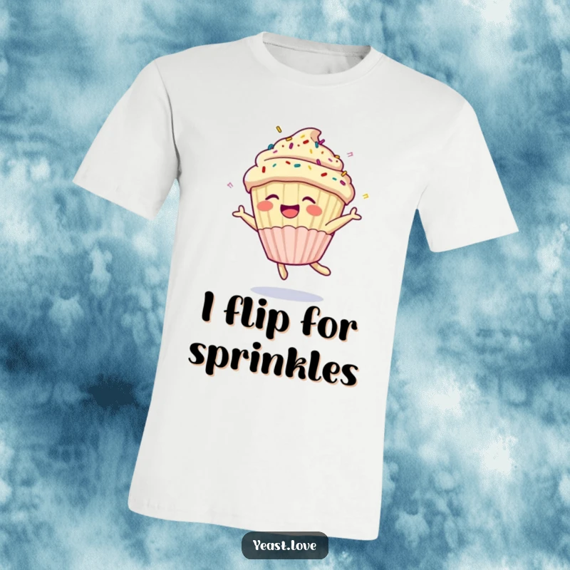 Funny cupcake t-shirt showcasing a joyful character with sprinkles performing a delightful somersault. A whimsical and humorous dessert apparel.