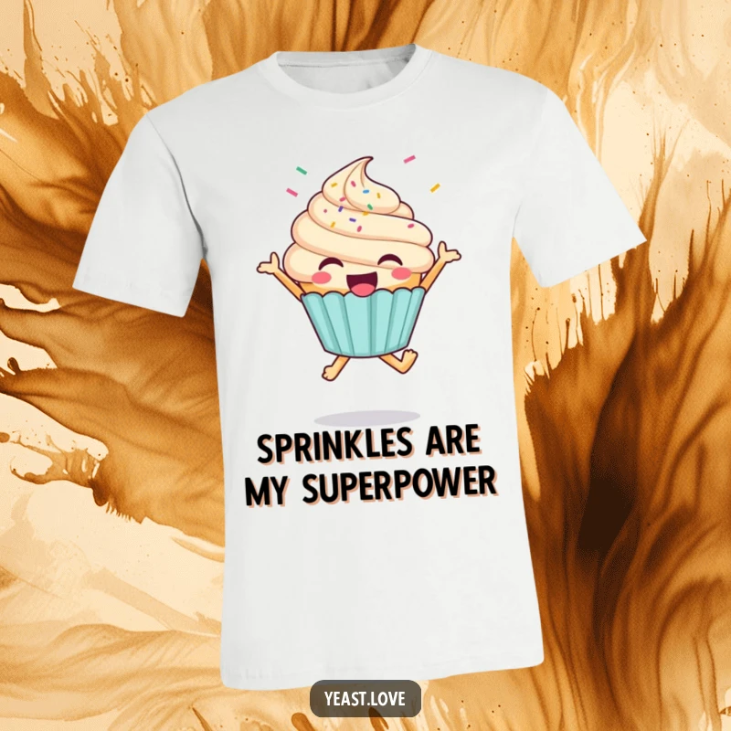 Funny cupcake character t-shirt, captured mid-air during a joyful jump with sprinkles flying high.
