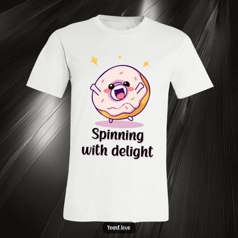 Funny donut character t-shirt, captured mid-spin with a bouncy, playful motion and delightful toppings.
