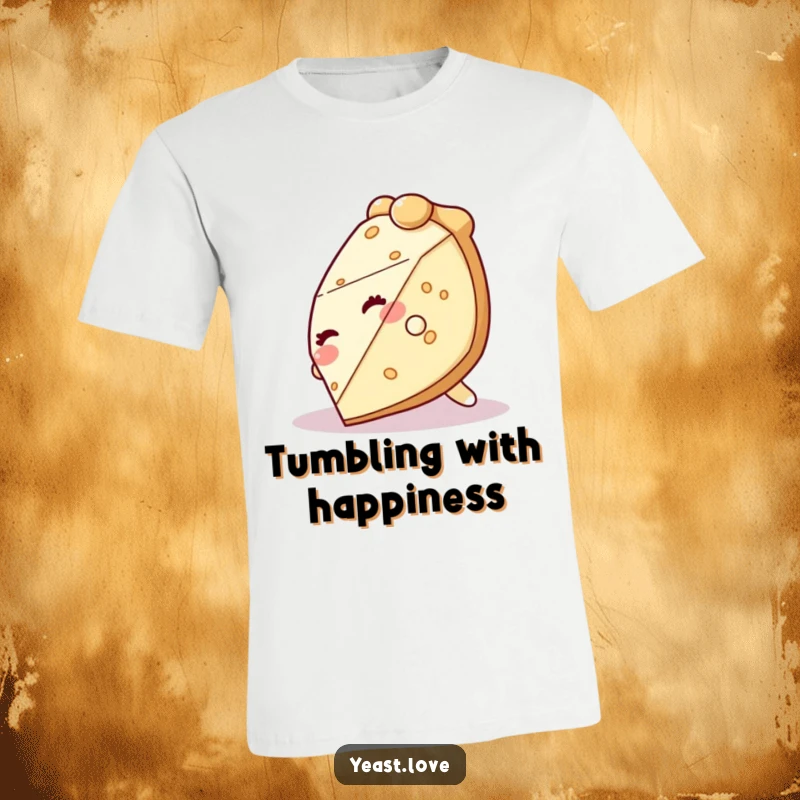 Funny pie character t-shirt, depicted tumbling over itself with a giggling expression and pure delight.