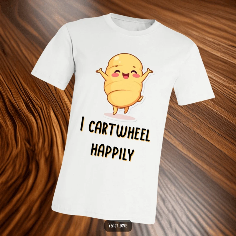 Funny croissant t-shirt showing a happy character performing a cheerful cartwheel. A delightful and humorous pastry apparel.