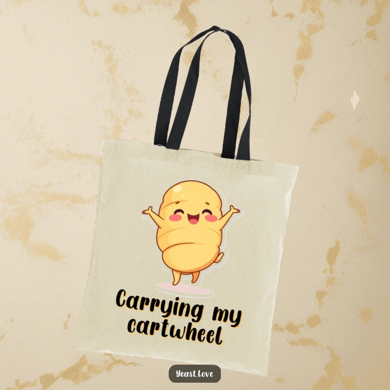 Funny croissant tote bag showcasing a happy character in a cheerful cartwheel. A practical and humorous accessory for everyday use.