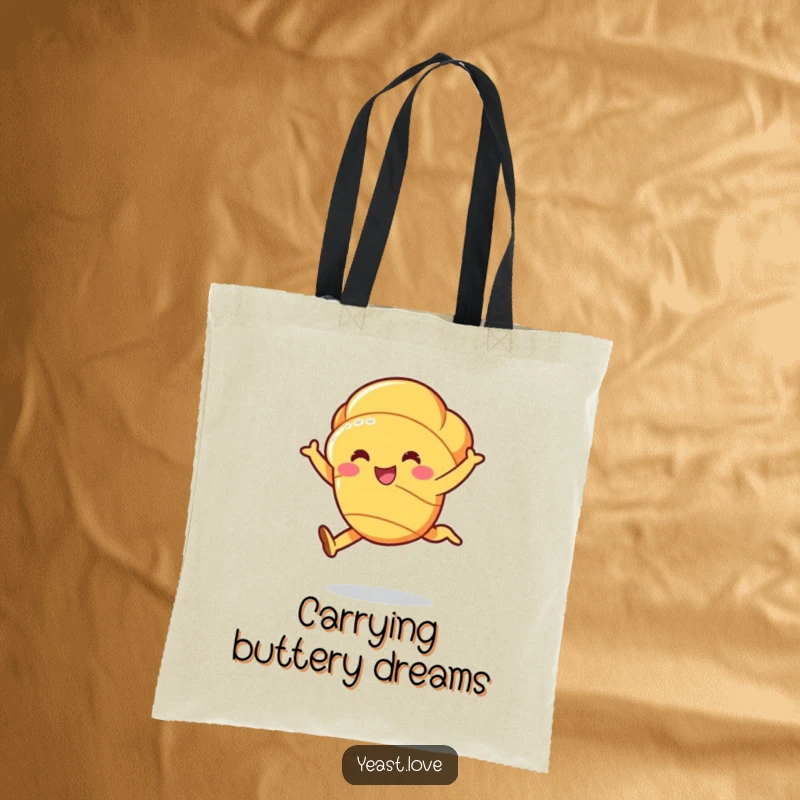 Funny croissant character tote bag, smiling and performing a graceful buttery leap, perfect for daily use.