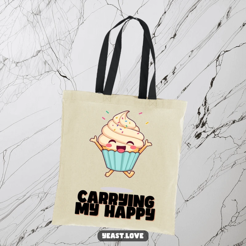 Funny cupcake character tote bag, happily jumping with a shower of colorful sprinkles, ideal for everyday use.