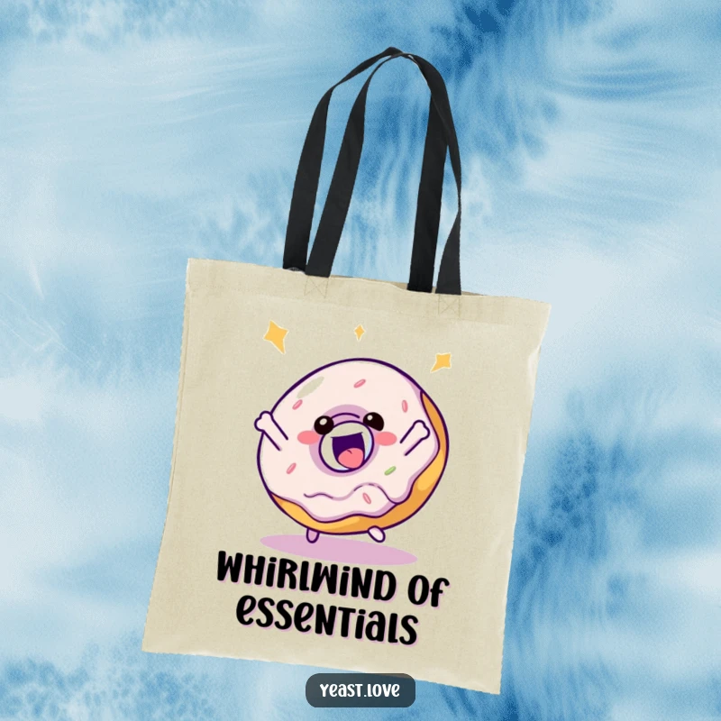Funny donut character tote bag, smiling and performing a playful bouncy spin, perfect for carrying daily items.