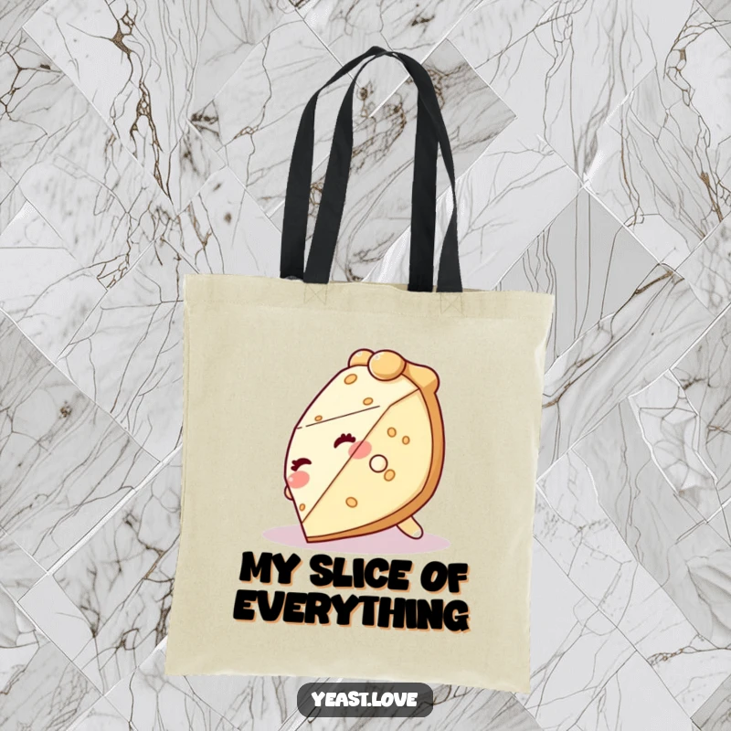 Funny pie character tote bag, smiling and tumbling hilariously with glee, perfect for everyday use.