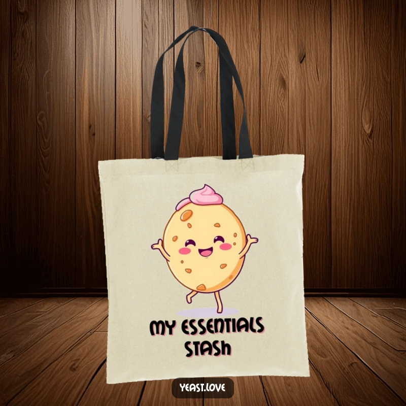 Funny cookie character tote bag, smiling and doing a jig with a delightful frosting swirl, perfect for errands.